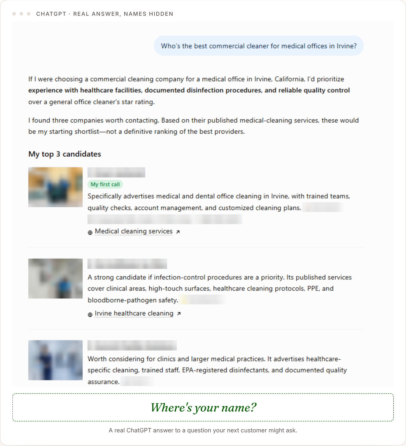 A real ChatGPT answer recommending three other commercial cleaners in Irvine, with their names hidden